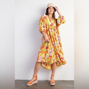 #80 New! Easel Oversized Floral Midi Dress with Puff Sleeves